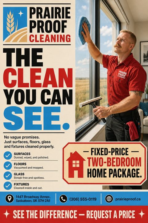 A flyer for a cleaning service featuring a man in a red shirt cleaning a window. Large text reads 'The clean you can see.' and lists services like surfaces, floors, glass, and fixtures. A red house icon highlights a 'Fixed-Price Two-Bedroom Home.