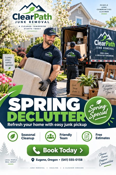 Flyer for a junk removal service titled 'Spring Declutter' featuring a photo of two men loading furniture and boxes into a branded truck in front of a house.