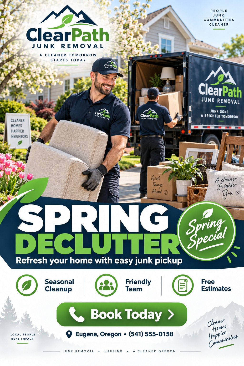 Flyer for a junk removal service titled 'Spring Declutter' featuring a photo of two men loading furniture and boxes into a branded truck in front of a house.