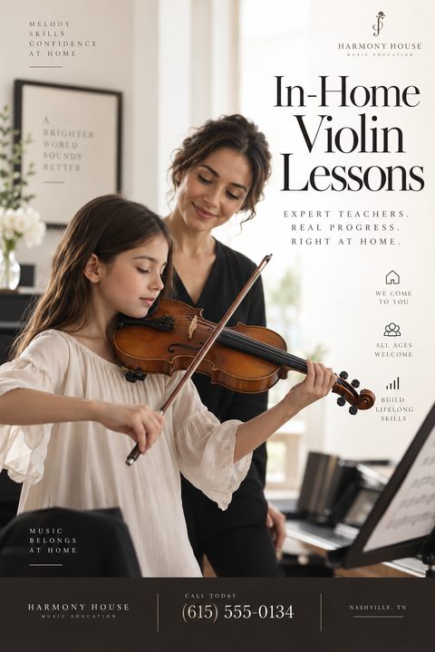 A flyer for in-home violin lessons featuring a photo of a female teacher guiding a young girl playing the violin. The design uses elegant serif text, minimalist icons, and a neutral color palette.