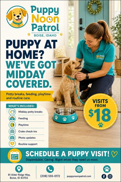 Flyer for Puppy Noon Patrol dog walking services, featuring a woman petting a golden doodle puppy indoors. Text highlights midday potty breaks, feeding, and playtime.