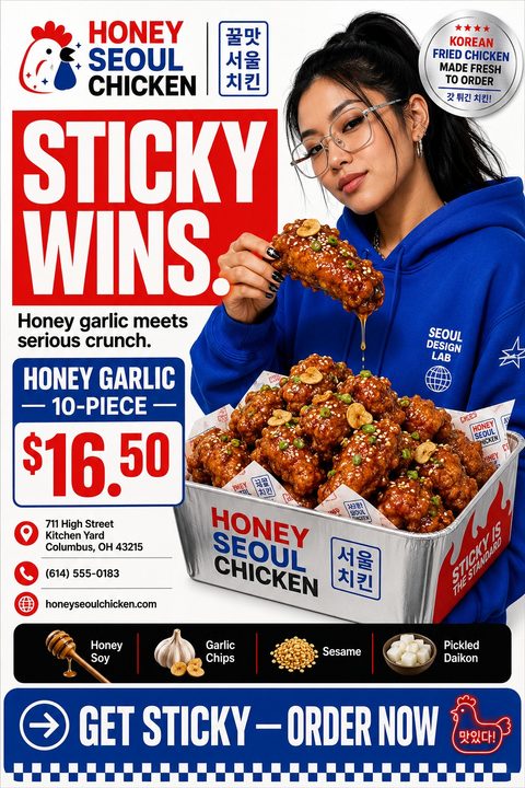 Flyer for a fried chicken restaurant featuring a woman in a blue hoodie holding a piece of sticky fried chicken over a large container of chicken. Bold red text reads 'STICKY WINS.' with pricing and contact details below.