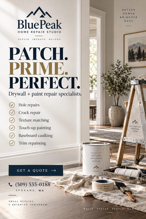 A modern flyer for a home repair studio featuring a bright interior room with a wooden ladder, paint can, roller, and drop cloth on the floor. Text is in navy blue and gold.