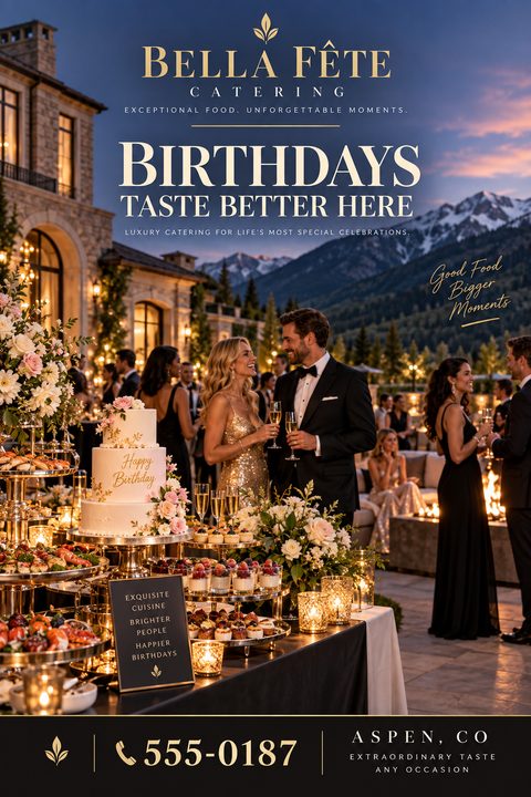 Elegant flyer for Bella Fête Catering featuring a luxurious outdoor evening party with a large dessert table, a couple in formal wear toasting, and a mountain backdrop. Text reads 'Birthdays Taste Better Here'.
