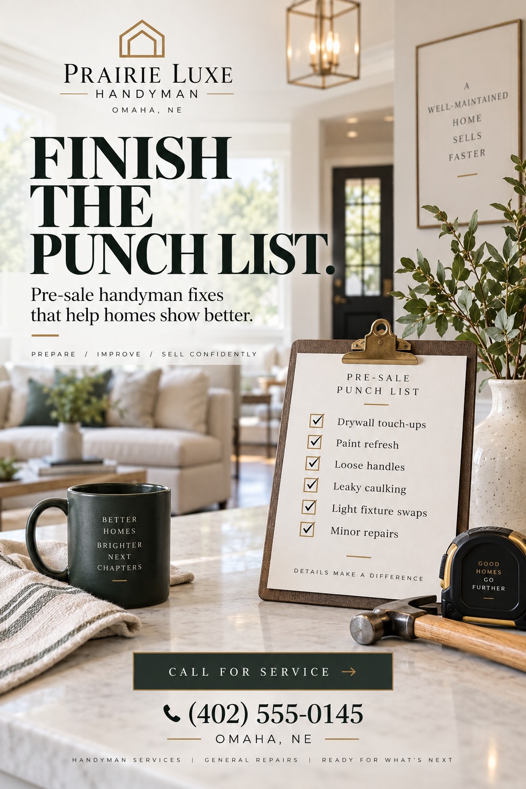 Handyman flyer template with a blurred living room background. Foreground shows a marble counter with a coffee mug, a clipboard listing 'Pre-Sale Punch List' items like drywall touch-ups and paint refresh, a hammer, and a tape measure. Text reads.