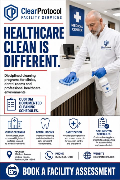 A professional flyer for healthcare cleaning services featuring a man in a white uniform cleaning a medical reception desk. It includes bold blue text, service icons, and contact information at the bottom.