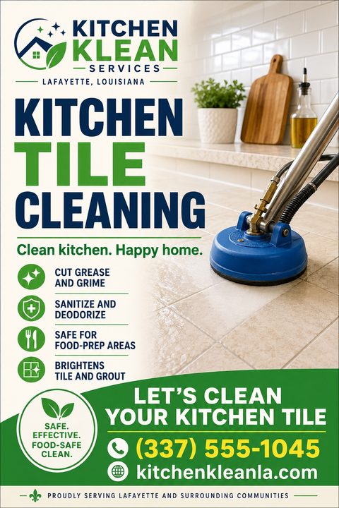 Flyer for Kitchen Klean Services offering Kitchen Tile Cleaning. Shows a professional floor cleaning machine on a tiled kitchen floor. Lists benefits: cut grease, sanitize, safe for food prep, brightens tile.