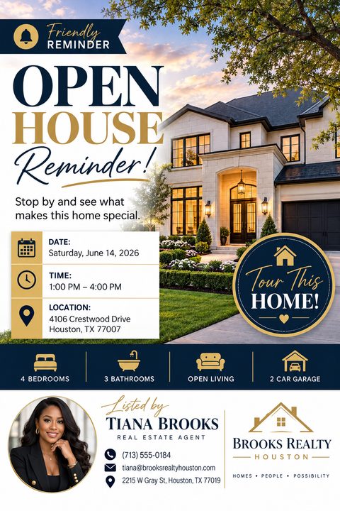 Real estate open house reminder flyer with a large photo of a luxury home, navy and gold text, event details, property features, and an agent profile with a headshot.