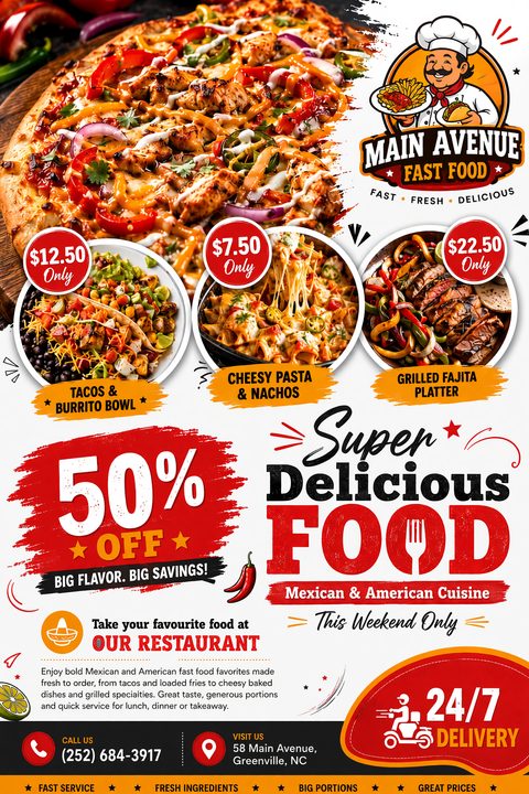 A vibrant fast food flyer featuring a large pizza photo, three smaller dish photos with prices, a bold red 50% OFF graphic, and a 24/7 delivery icon on a white background.