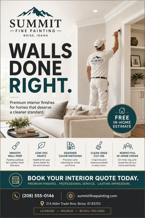 Flyer for Summit Fine Painting with a photo of a painter cutting in a wall in a bright living room. Text reads 'Walls Done Right' and lists services like smooth wall prep and low-VOC paints.