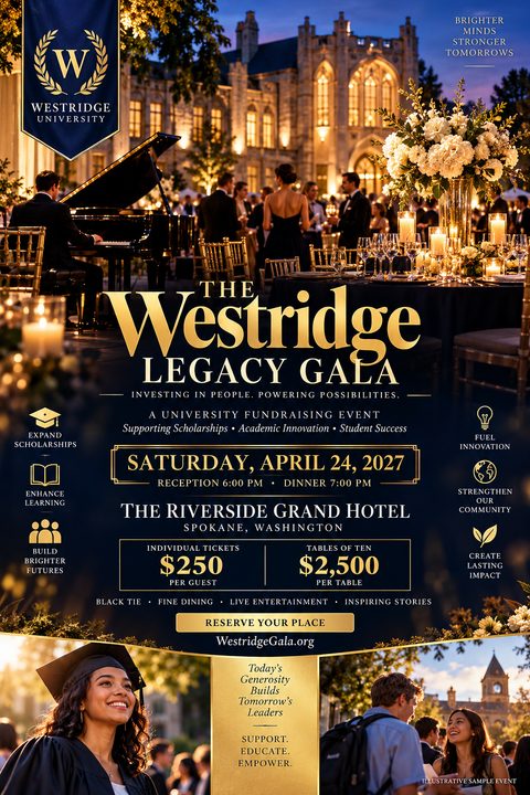 Elegant University Gala Fundraising Flyer template with a navy blue background, gold text, and images of a formal outdoor dinner and students.