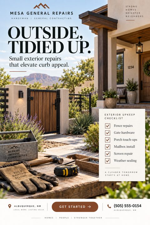 A flyer for Mesa General Repairs, a handyman and general contracting business. The flyer features a photo of a Southwestern-style home with a wooden gate and a toolbox in the foreground. Text reads 'Outside, Tidied Up. Small exterior repairs that.