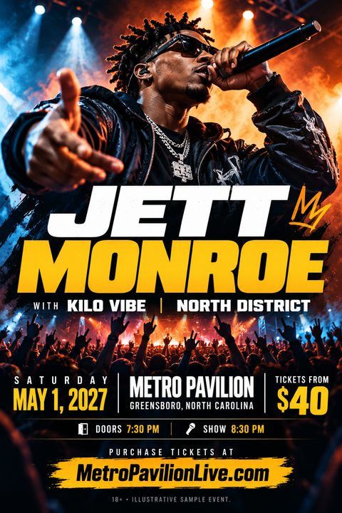 A high-energy concert flyer featuring a male rap artist performing with a microphone under dramatic orange and blue stage lights, above a silhouette of a cheering crowd with raised hands.