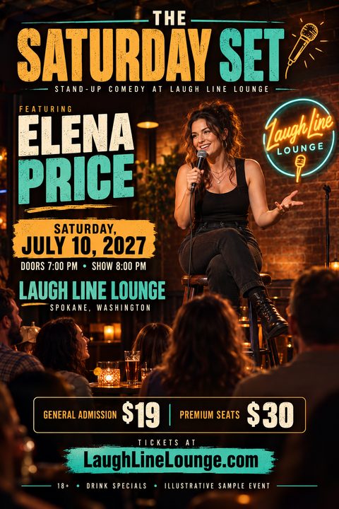 A stand-up comedy flyer with a dark, gritty background. It features a large photo of a comedian performing on stage, bold textured text in yellow and teal, and a neon sign graphic.
