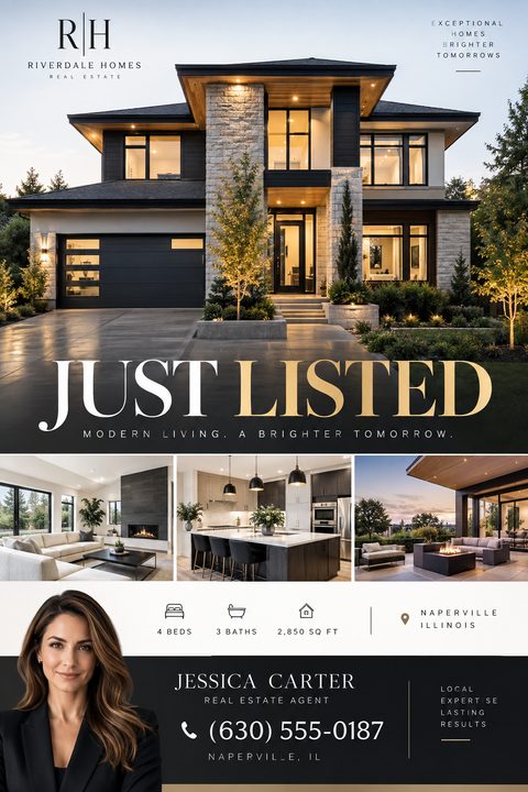 A real estate just listed flyer featuring a large modern home exterior photo, three smaller interior photos, property details, and an agent headshot on a black and white background with gold text.