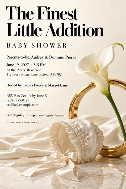Elegant baby shower invitation featuring a white calla lily, a gold ring, and a vintage embroidered baby bonnet resting on draped cream silk over a marble surface.