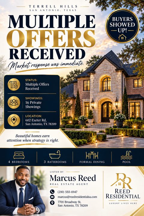 A real estate flyer with a large photo of a luxury stone house at twilight. The text reads 'Multiple Offers Received' in large navy and gold letters. It includes property details, agent information, and a 'Buyers Showed Up!' badge.