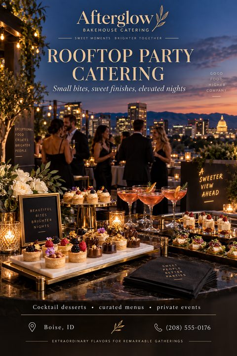 A flyer for rooftop party catering featuring a photo of an elegant evening gathering on a rooftop with a city skyline in the background. In the foreground, a table displays fancy desserts and cocktails.