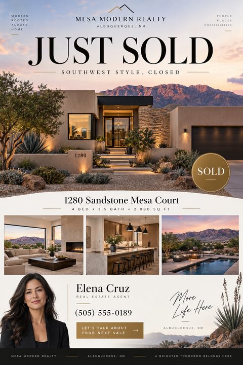 A modern real estate just sold flyer featuring a large twilight photo of a desert home, three smaller property photos, an agent headshot, and elegant serif typography over a warm beige background.