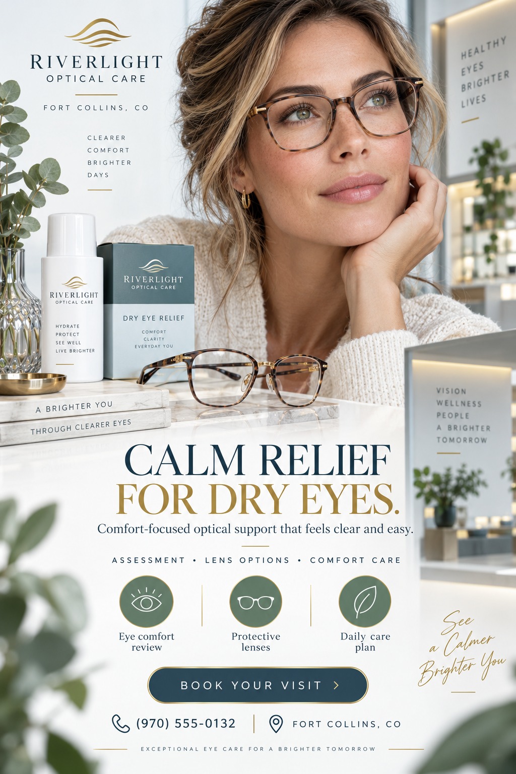 A flyer for Riverlight Optical Care promoting 'Calm Relief for Dry Eyes'. It features a woman wearing glasses, optical products, and icons for eye comfort review, protective lenses, and daily care plan.