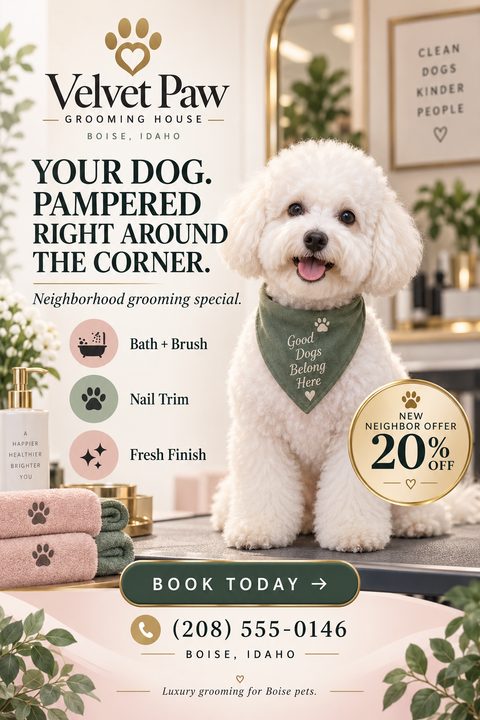 Flyer for Velvet Paw Grooming House featuring a fluffy white dog wearing a green bandana. Text reads 'Your dog. Pampered right around the corner.' with a 20% off new neighbor offer.