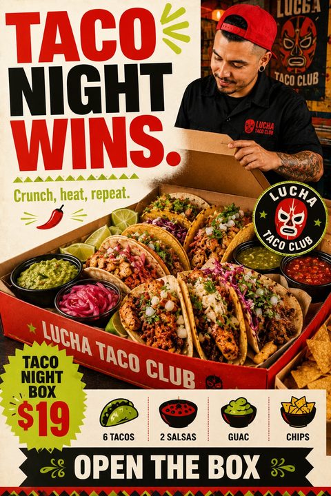 A vibrant flyer featuring a man opening a large cardboard box packed with tacos and dips. Bold red and black text reads Taco Night Wins above a green price burst and food icons.
