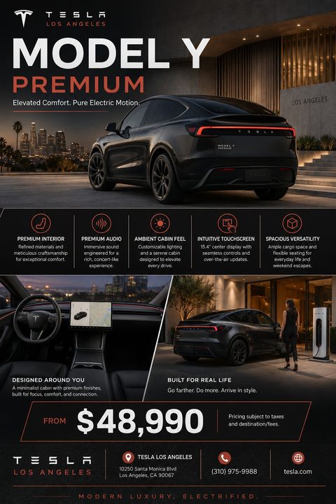 Car sales flyer featuring a black electric SUV parked at night with a city skyline in the background. Below are icons highlighting features like premium interior and audio, followed by photos of the car's interior and a woman charging the car. A.
