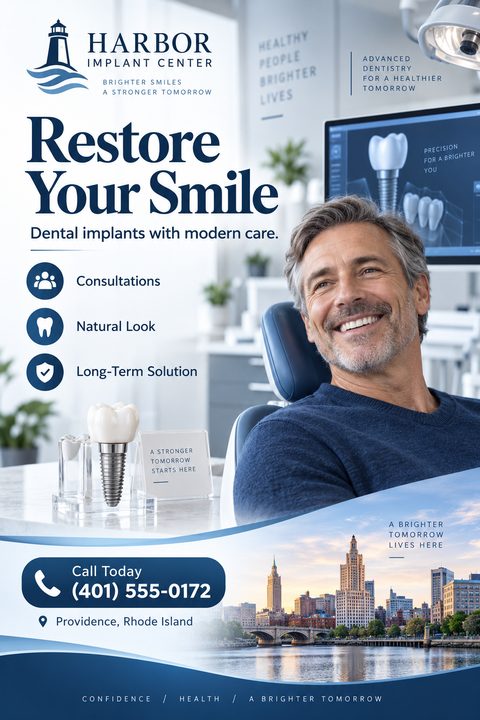 A flyer for Harbor Implant Center titled 'Restore Your Smile'. It features a smiling man in a dental chair, a 3D model of a dental implant, and a cityscape at the bottom. The color scheme is primarily navy blue and white.