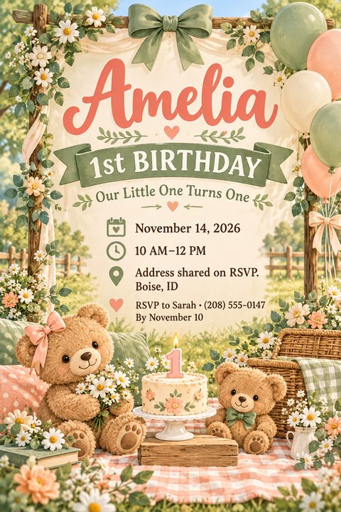 A cute 1st birthday invitation flyer featuring two teddy bears sitting on a picnic blanket with a birthday cake. The background includes a floral arch, balloons, and pastel peach and sage green text.