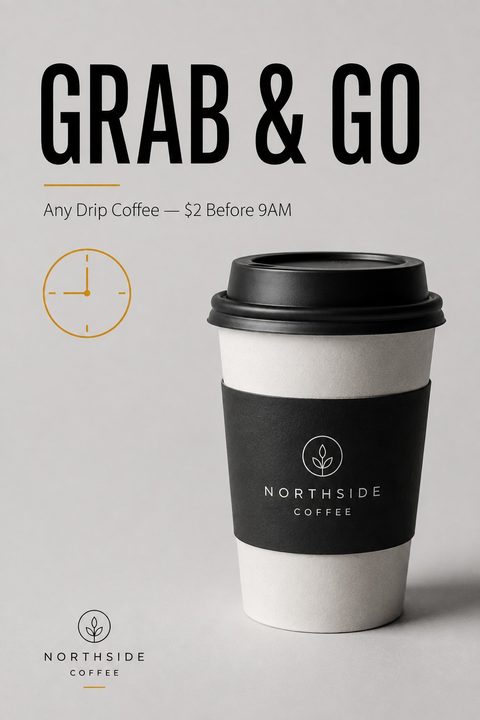 A minimalist flyer with the text 'GRAB & GO' in large black letters. Below it says 'Any Drip Coffee - $2 Before 9AM'. A paper coffee cup with a black sleeve and lid is featured prominently.