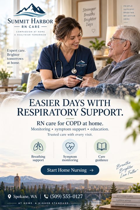 A professional flyer for in-home nursing care featuring a photo of a nurse checking an elderly man's oxygen levels. It includes service icons, navy blue text, and a mountain city landscape at the bottom.