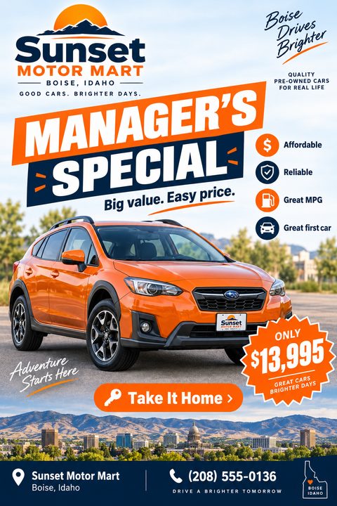 Flyer for a used car dealership featuring a bright orange SUV parked on a road with a city skyline and mountains in the background. Bold text reads 'Manager's Special'.