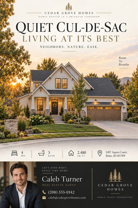 Real estate flyer template featuring a large photo of a white modern farmhouse style home at sunset. Text reads 'Quiet Cul-de-Sac Living At Its Best'. Includes property details like 4 bed, 3 bath, 2,480 sq ft, and agent contact information at the.