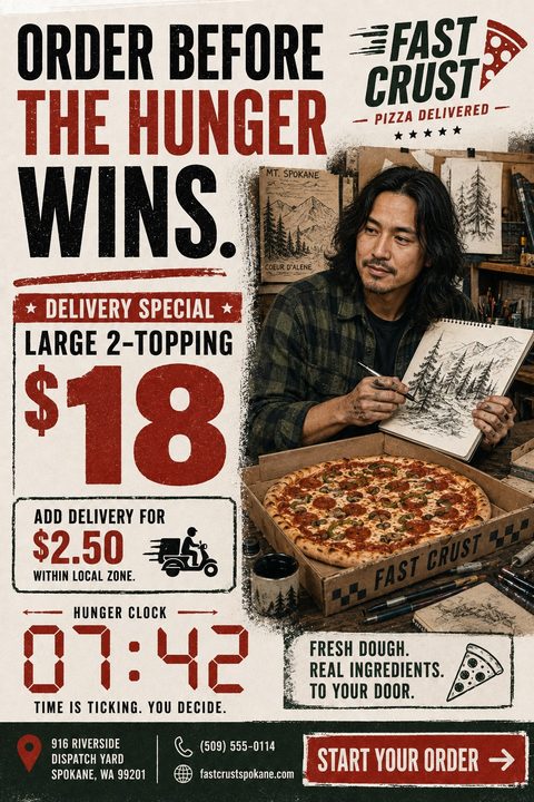 A vintage newspaper-style pizza delivery flyer with bold red and black text. It features a large photo of a man drawing next to a pizza box, with sections for a delivery special and contact details.