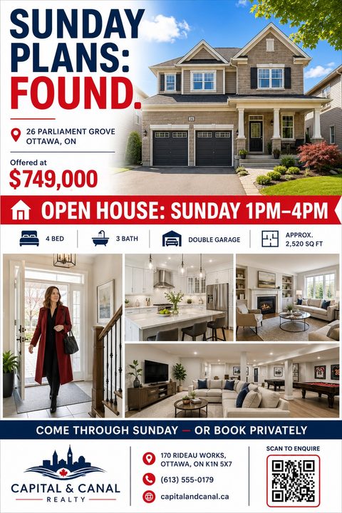 Real estate open house flyer with a large exterior photo of a house, four interior photos, property details, price, and a bold red banner reading 'OPEN HOUSE: SUNDAY 1PM-4PM'.