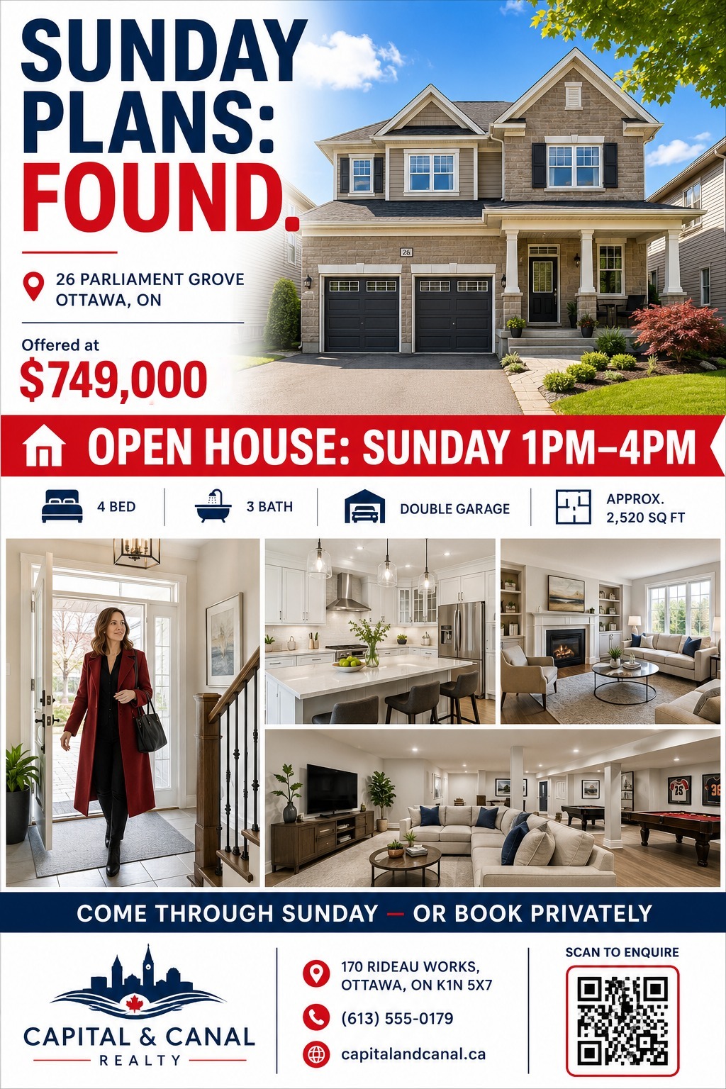 Real estate open house flyer with a large exterior photo of a house, four interior photos, property details, price, and a bold red banner reading 'OPEN HOUSE: SUNDAY 1PM-4PM'.