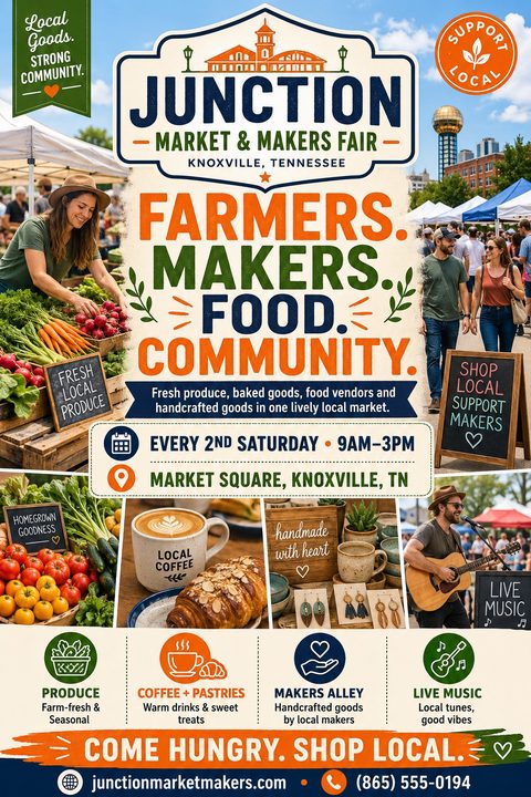 Flyer for a farmers market and makers fair with a rustic design. Features a large central text area surrounded by photos of fresh produce, coffee, handmade crafts, and a live musician. Includes event details, icons for market offerings, and contact.