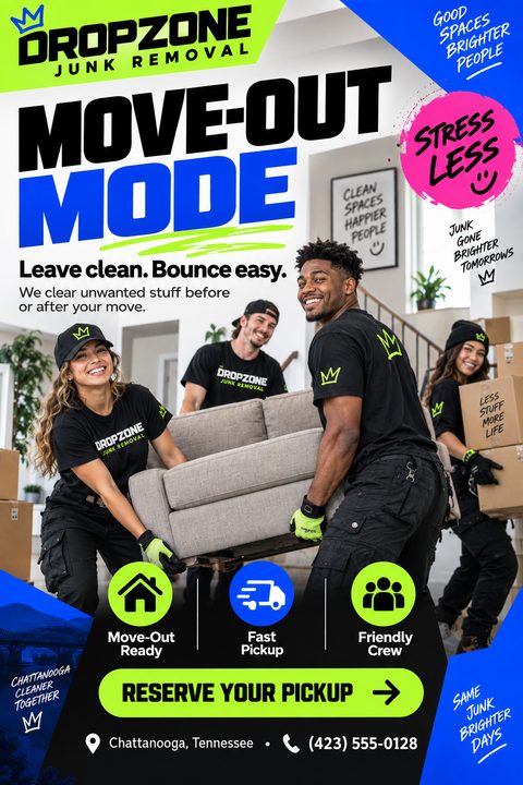 A bold junk removal flyer with bright blue and lime green accents. A central photo shows a smiling crew carrying a sofa. Icons highlight services, and a pink sticker says 'Stress Less'.