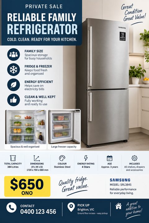 A private sale flyer for a refrigerator featuring a large exterior photo, two interior photos, feature bullet points with icons, technical specifications, a bright yellow price tag, and contact details.