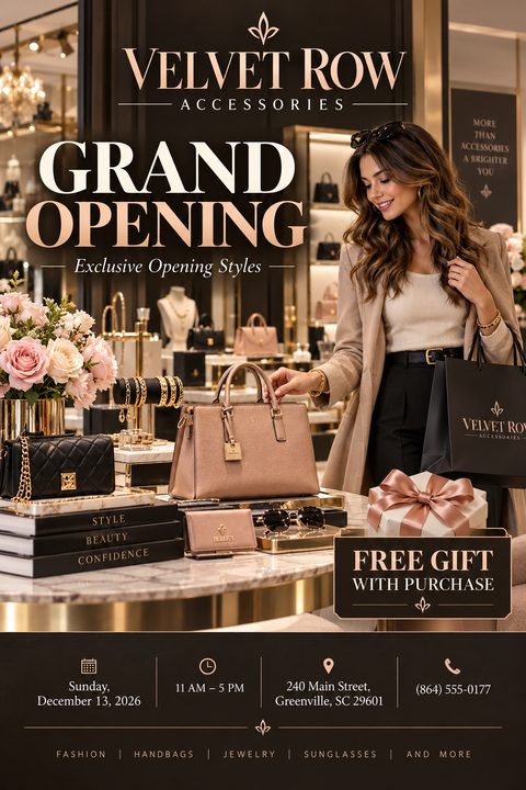 Elegant grand opening flyer featuring a woman shopping in a luxury boutique. The design includes gold typography, a display of handbags and jewelry, and a promotional box for a free gift offer.