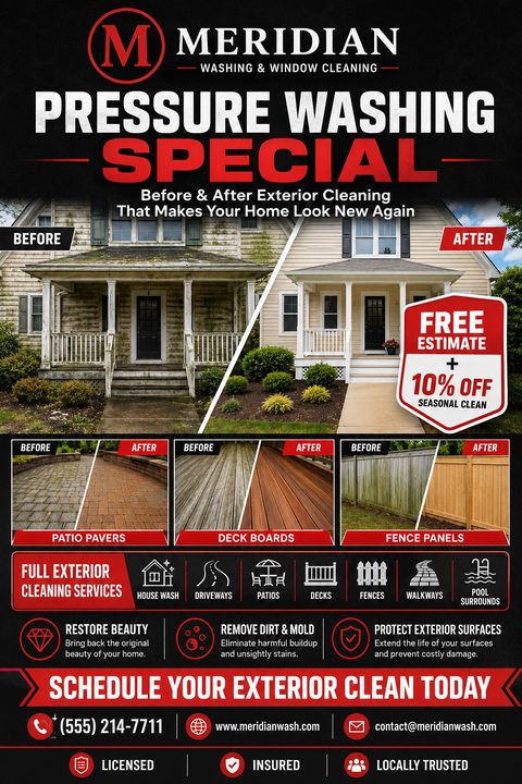 A pressure washing flyer featuring a large before-and-after photo of a house exterior, plus smaller before-and-after photos of patio pavers, deck boards, and fence panels. The design uses a bold black, red, and white color scheme with icons for.