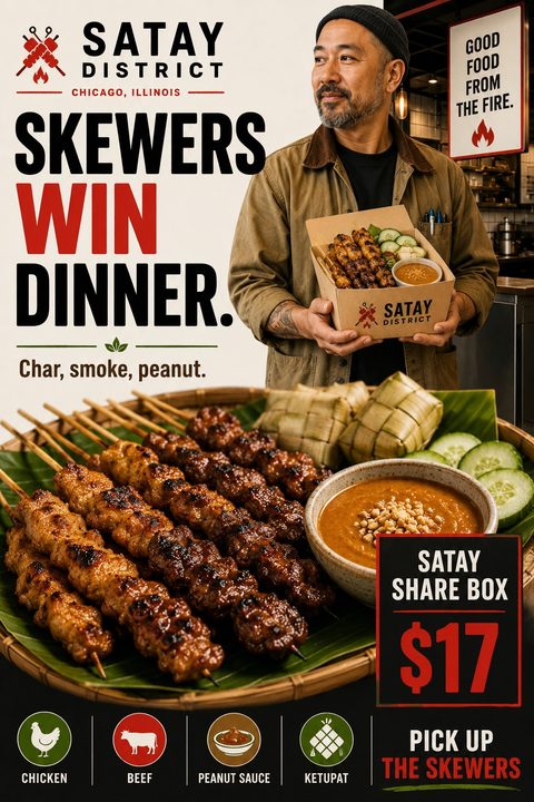 Flyer for a takeaway restaurant featuring a man holding a box of satay skewers and a large close-up photo of satay skewers with peanut sauce. Bold text reads 'Skewers Win Dinner.'