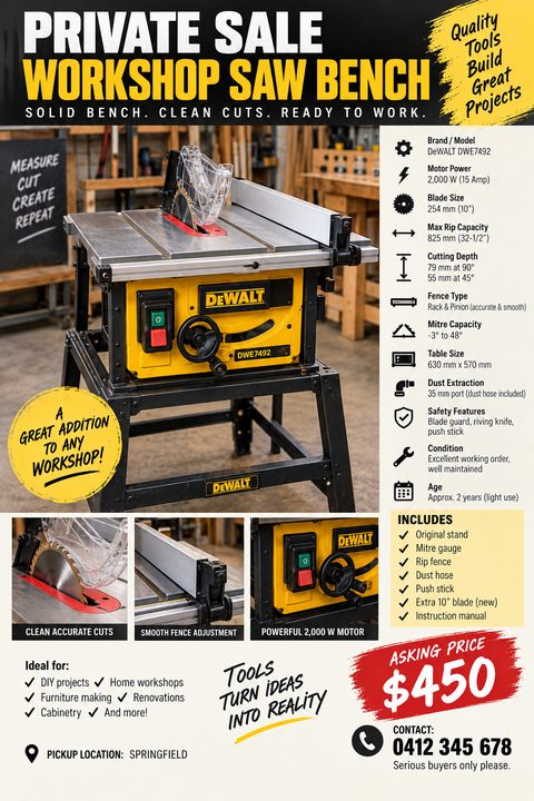 A private sale flyer for a workshop saw bench featuring a large photo of a yellow table saw, a specification list with icons, three smaller detail photos, and a prominent red price tag.