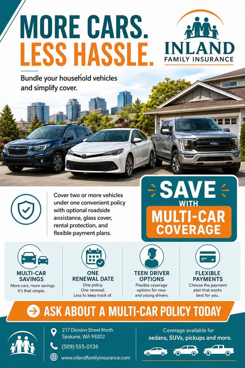 Flyer for Inland Family Insurance promoting multi-car coverage. Shows three cars parked in a driveway with text 'More Cars. Less Hassle.' and icons detailing savings, renewal dates, teen driver options, and flexible payments.