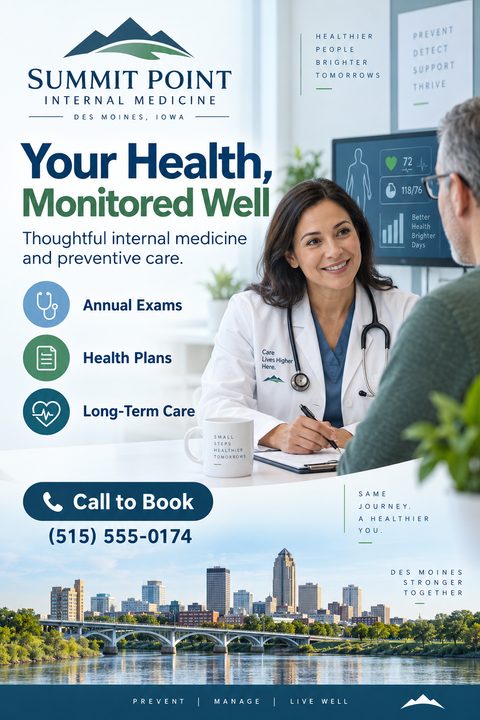 A medical clinic flyer featuring a smiling female doctor consulting with a patient. The design uses a clean white background with blue and green accents, listing services above a city skyline photo.