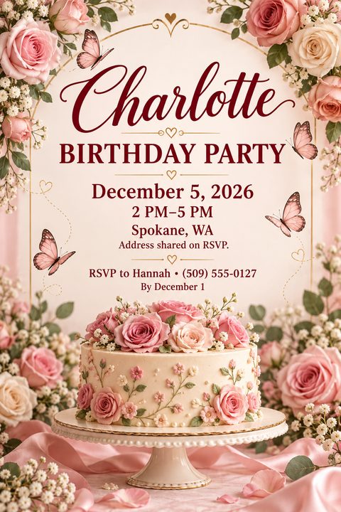 A birthday party invitation flyer with a large floral cake at the bottom, surrounded by pink roses and butterflies. The text reads 'Charlotte Birthday Party' with date, time, and RSVP details.