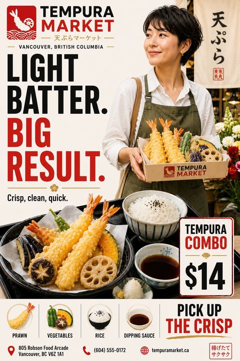 A Japanese takeaway flyer featuring a woman holding a box of tempura, a close-up of a tempura meal with rice and sauce, bold red and black text on a cream background, and small ingredient icons.