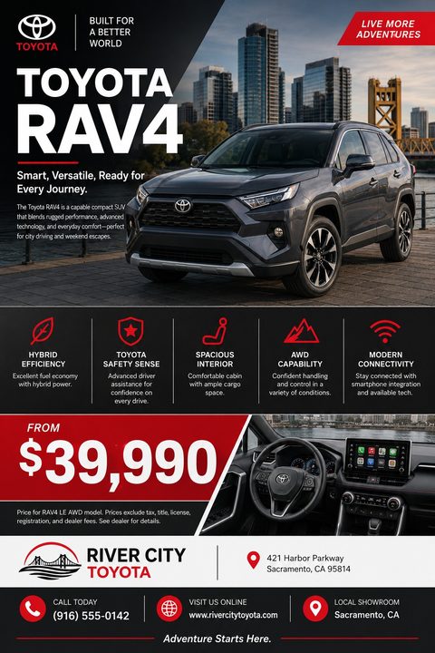 A car sales flyer featuring a dark grey SUV parked in a city. The flyer has a black, white, and red color scheme with sections for vehicle features, price, and dealership contact information.