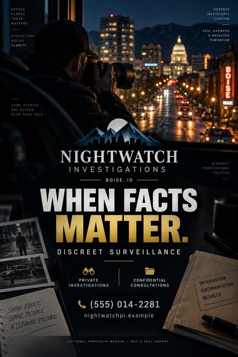 Flyer for Nightwatch Investigations. Top half shows a person taking photos from a dark car overlooking a city street at night. Bottom half has bold text 'WHEN FACTS MATTER.' and lists services like private investigations and confidential.