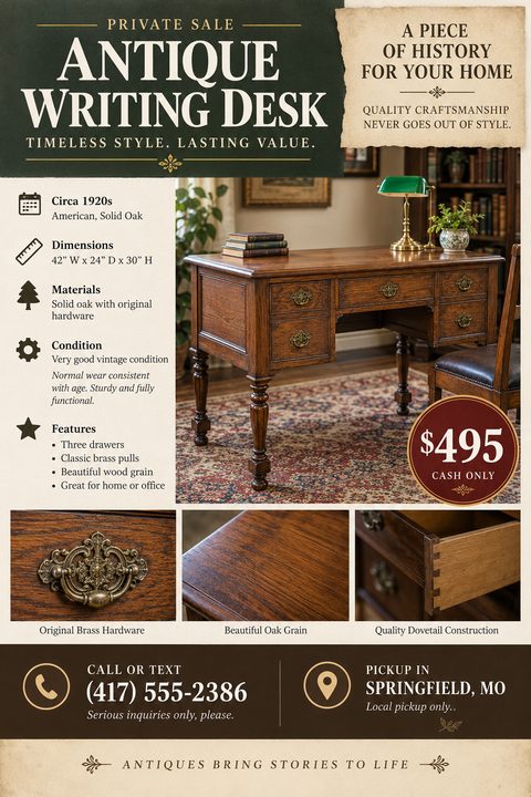 A vintage-style flyer for selling an antique writing desk. It features a large main photo of the desk, three smaller detail photos below, a bulleted list of specifications, and a prominent red price circle.